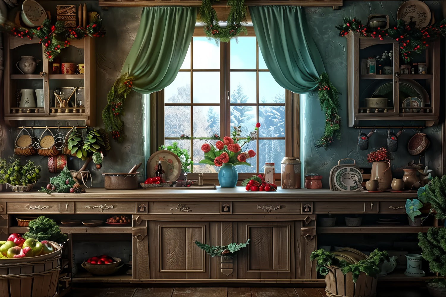 Toile de fond de Cuisine Hivernale et Confortable de Noël BRP7-215