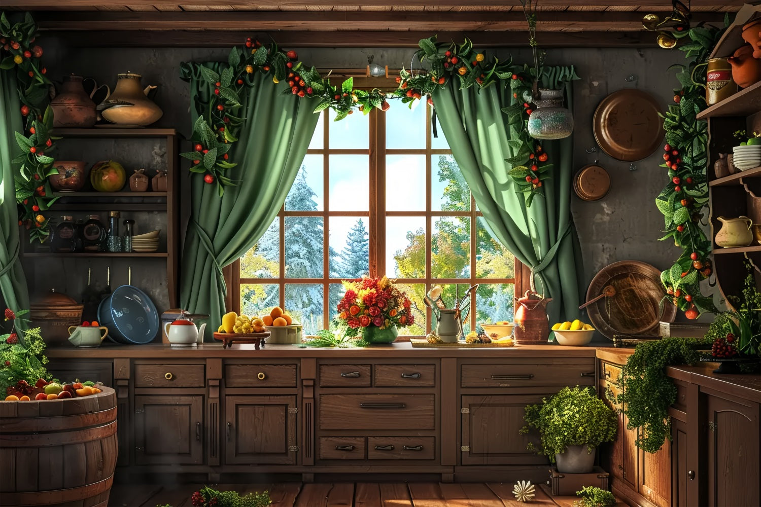 Toile de fond de Cuisine Campagnarde et Confortable de Noël BRP7-216