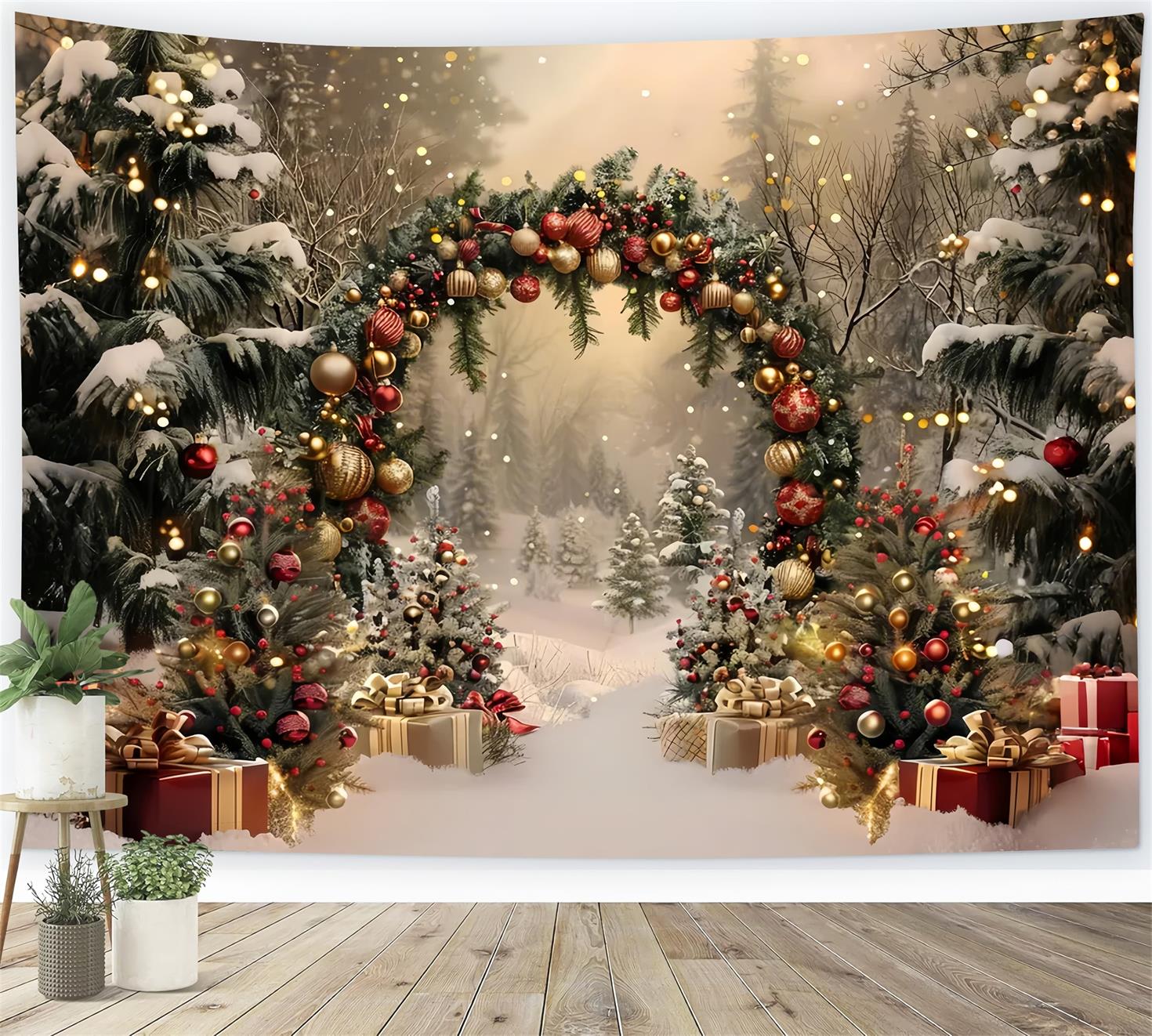 Toile de fond d'Arche de Noël Enneigée avec Cadeaux BRP7-220
