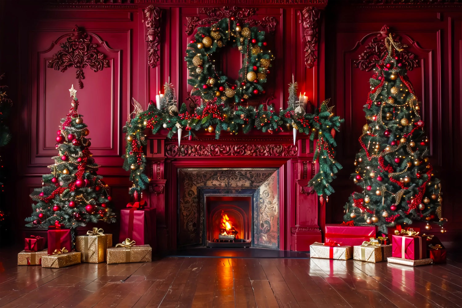 Toile de fond de Cheminée Élégante Rouge de Noël BRP7-221
