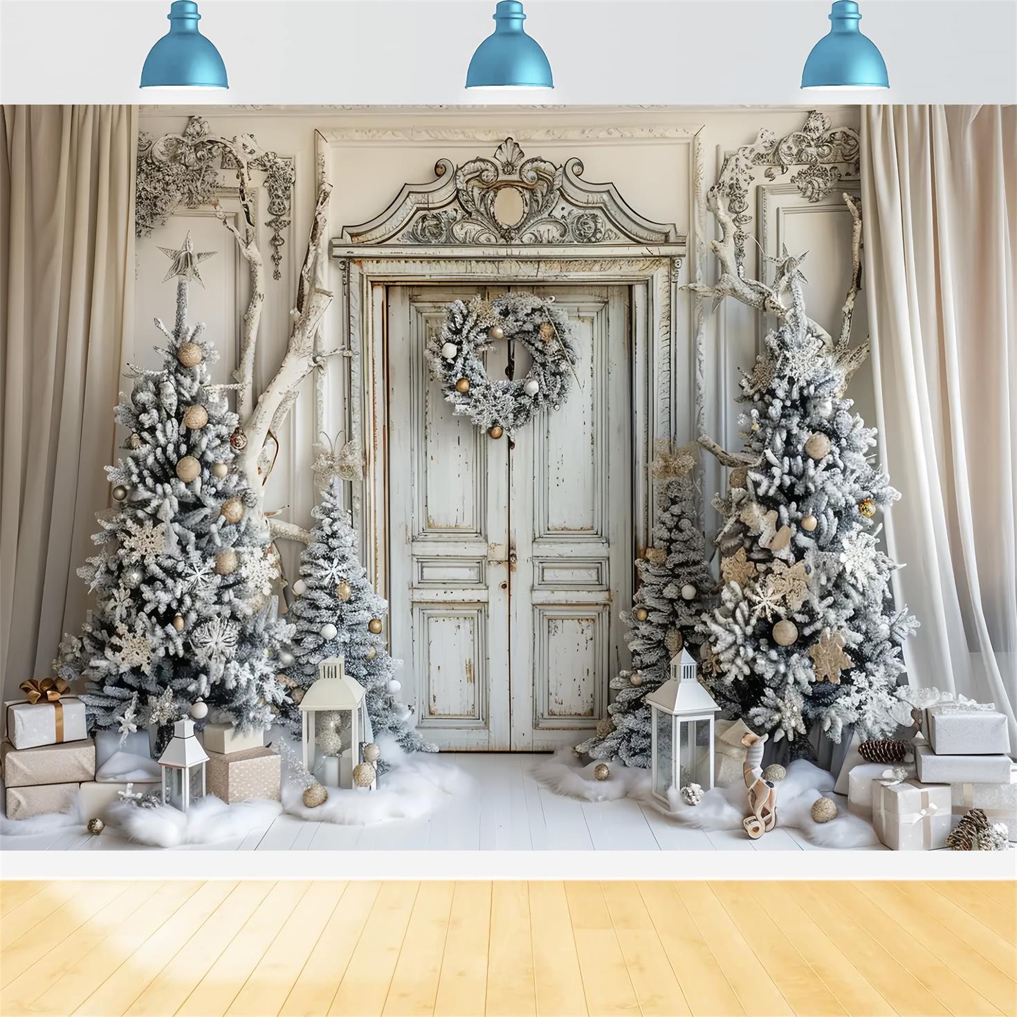 Toile de fond de Porte Blanche et Sapin de Noël BRP7-226
