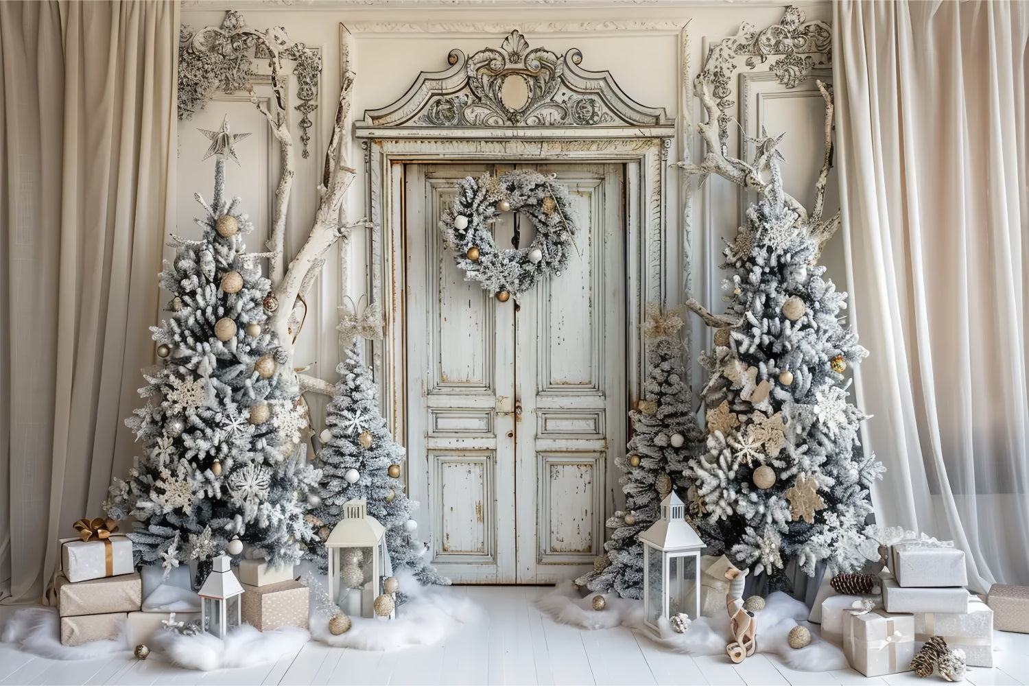 Toile de fond de Porte Blanche et Sapin de Noël BRP7-226