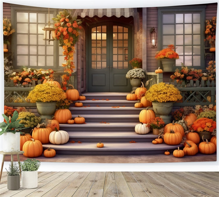 Toile de fond de magasin de citrouilles avec porte verte en automne BRP7-77