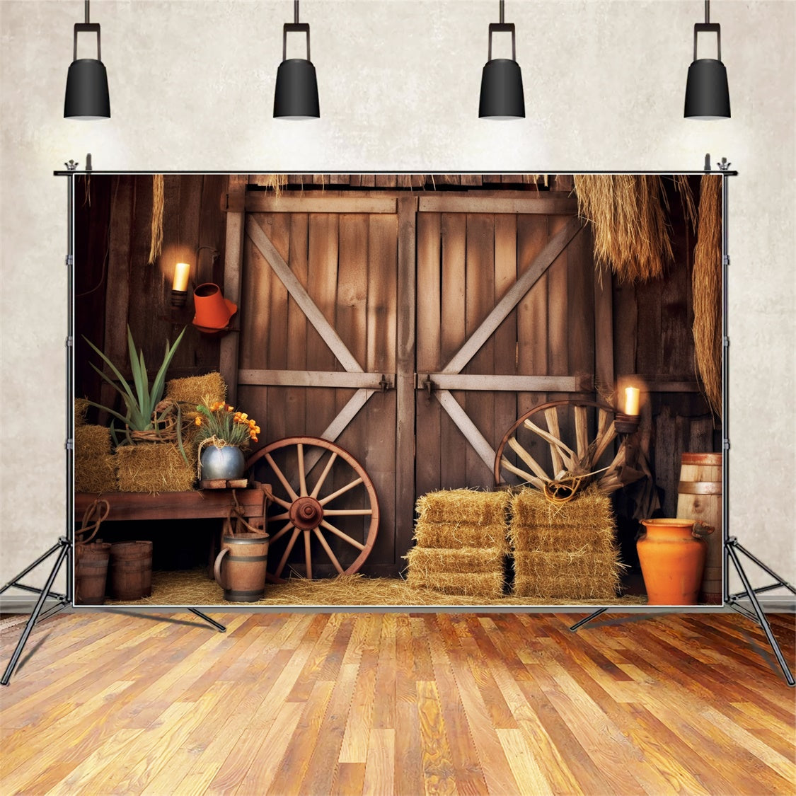 Toile de fond de grange avec meule de foin en automne BRP7-86