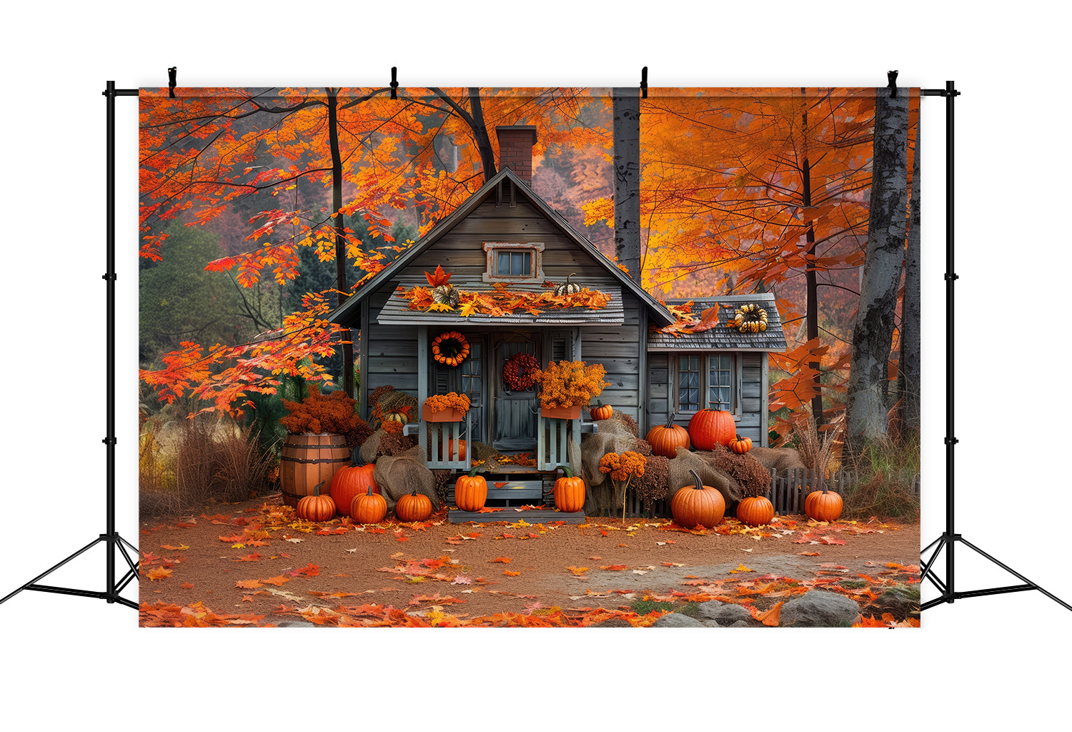 Toile de fond de maison en bois avec citrouilles en plein air d'automne BRP7-89