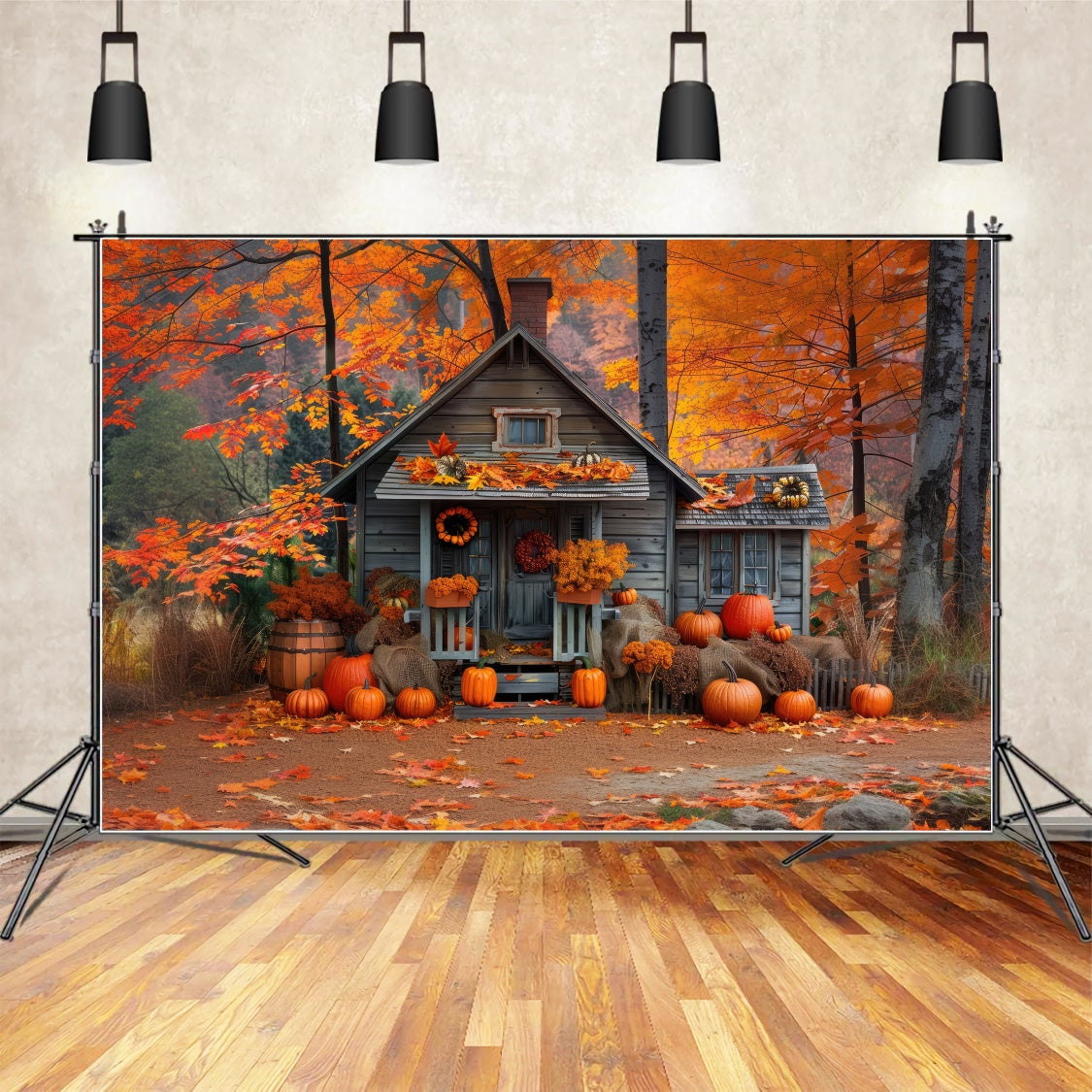 Toile de fond de maison en bois avec citrouilles en plein air d'automne BRP7-89