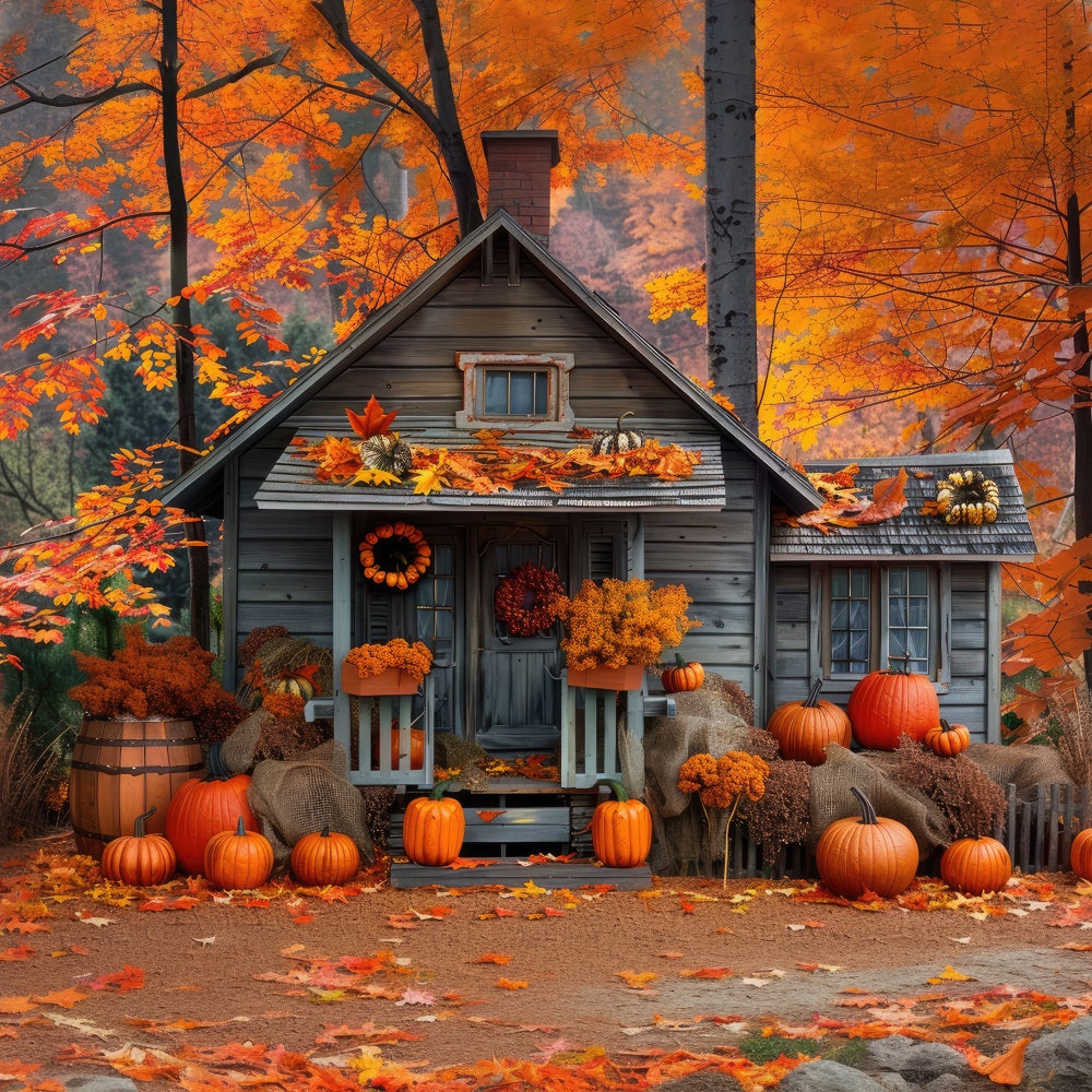 Toile de fond de maison en bois avec citrouilles en plein air d'automne BRP7-89