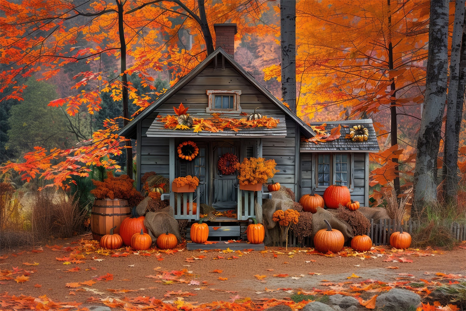 Toile de fond de maison en bois avec citrouilles en plein air d'automne BRP7-89