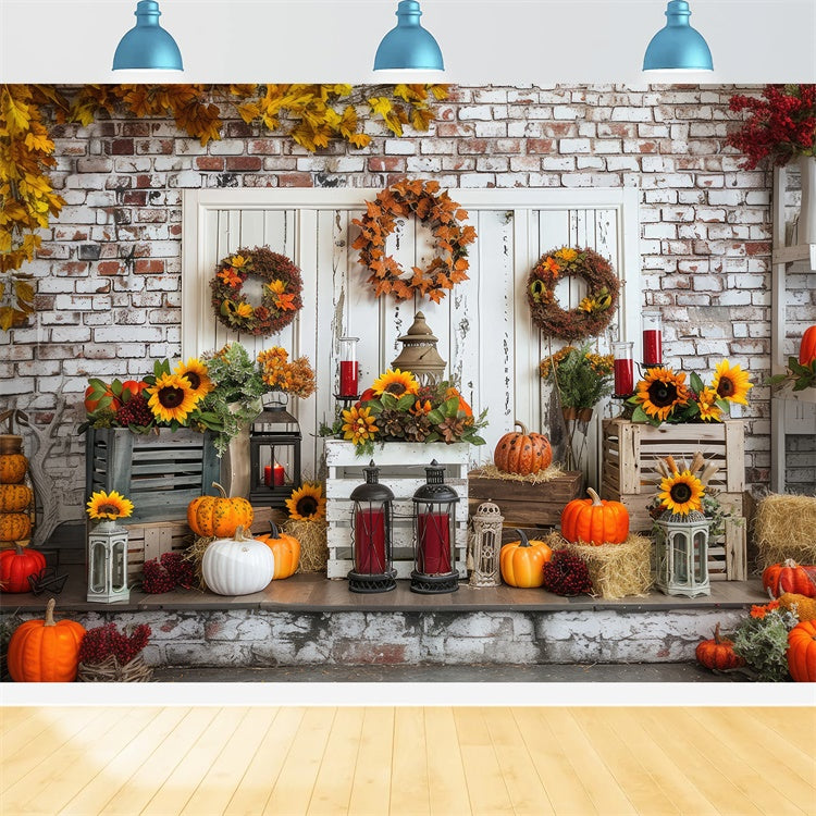 Toile de fond de porte blanche avec citrouilles d'automne BRP7-92