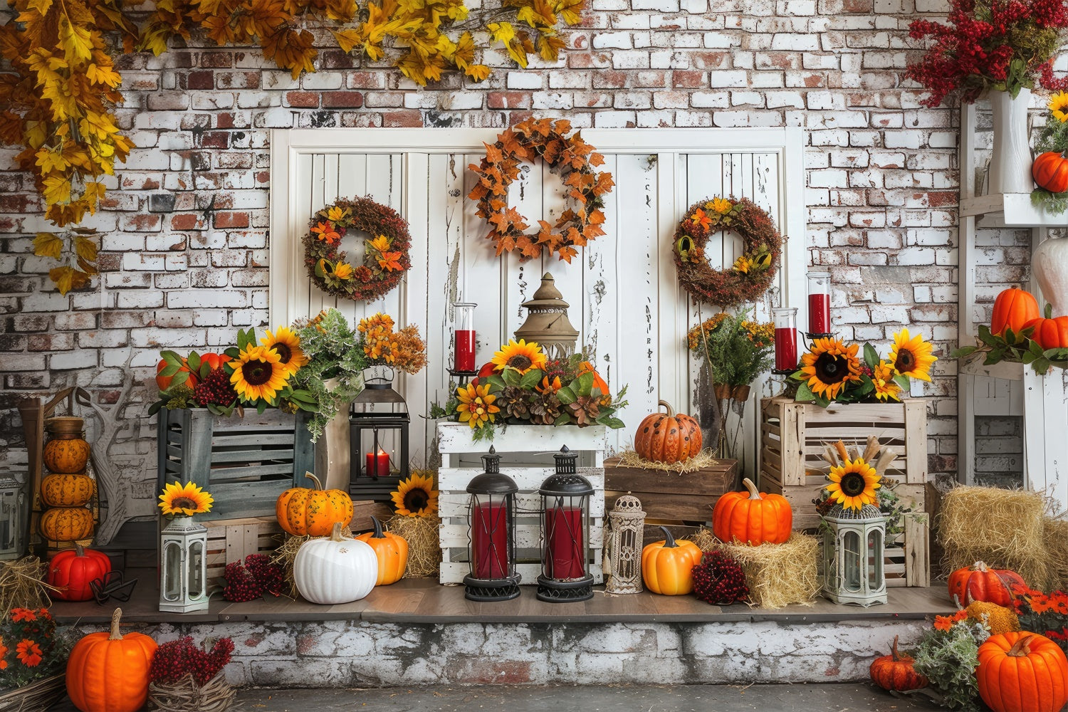 Toile de fond de porte blanche avec citrouilles d'automne BRP7-92