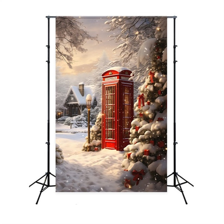 Toile de Fond Cabine Téléphonique Rouge sous la Neige de Noël BRP8-106