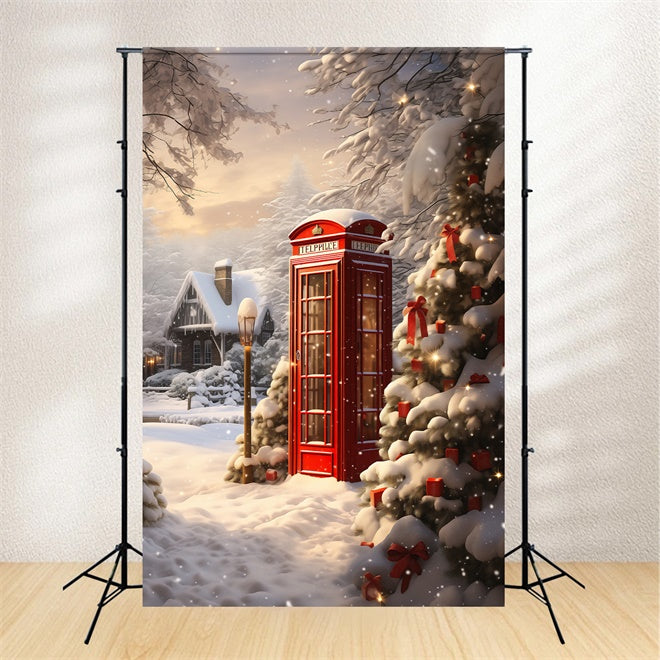 Toile de Fond Cabine Téléphonique Rouge sous la Neige de Noël BRP8-106