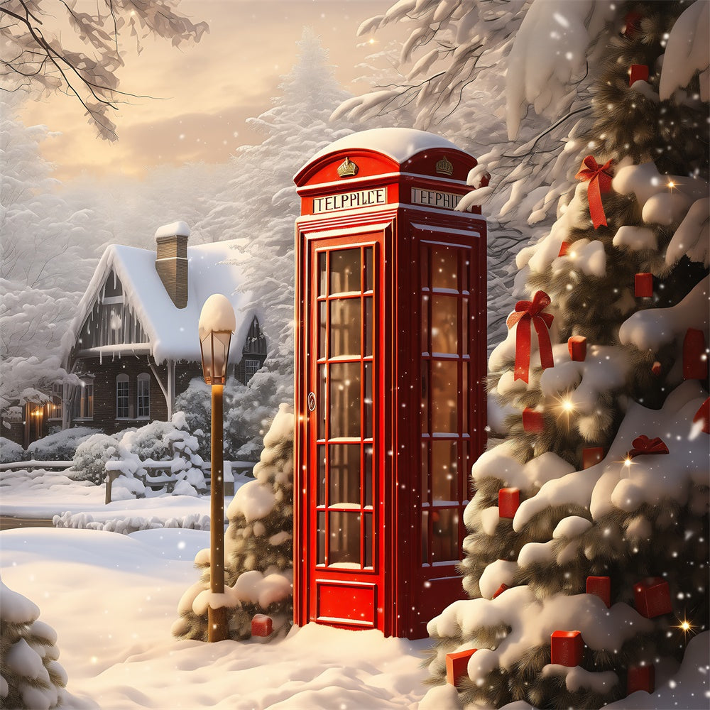 Toile de Fond Cabine Téléphonique Rouge sous la Neige de Noël BRP8-106