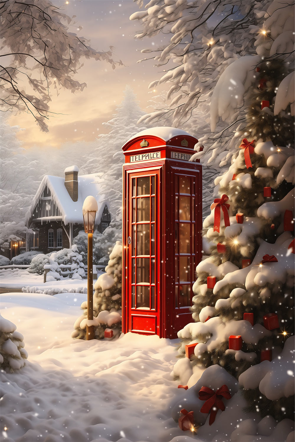 Toile de Fond Cabine Téléphonique Rouge sous la Neige de Noël BRP8-106
