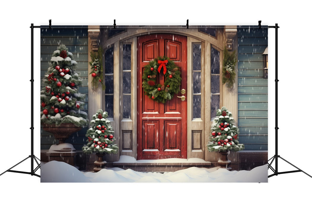 Toile de Fond Couronne Rouge sur Porte Enneigée de Noël BRP8-118