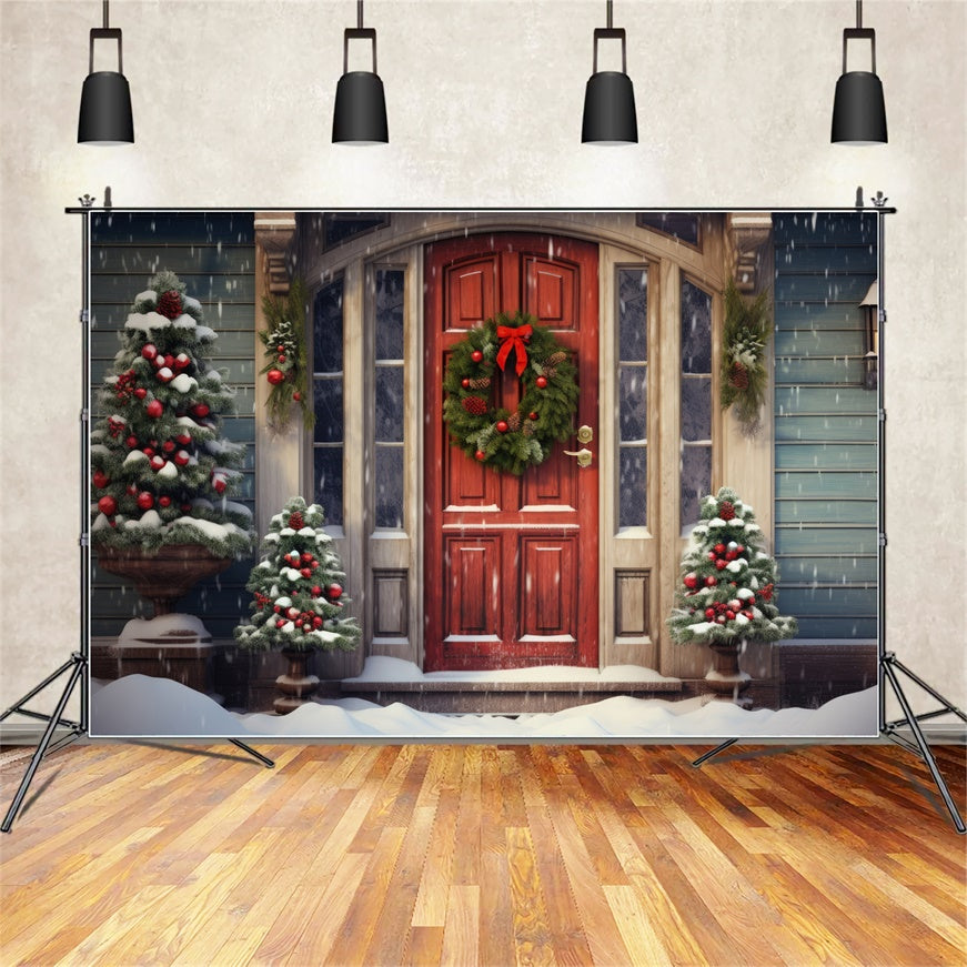 Toile de Fond Couronne Rouge sur Porte Enneigée de Noël BRP8-118