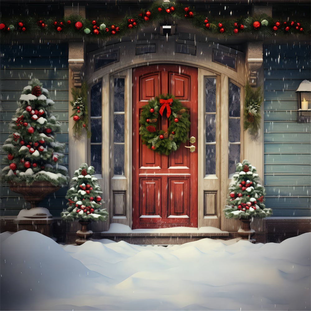 Toile de Fond Couronne Rouge sur Porte Enneigée de Noël BRP8-118