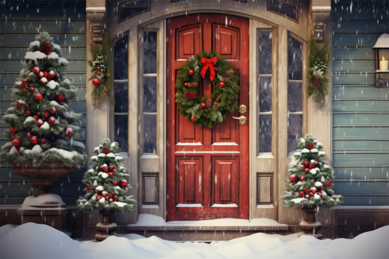 Toile de Fond Couronne Rouge sur Porte Enneigée de Noël BRP8-118