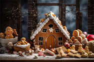 Toile De Fond Noël Hiver 2,1x1,5 M - Maison En Bois Rouge, Chocolat Chaud, Pain D'épices, Décoration Photo Fête - 5