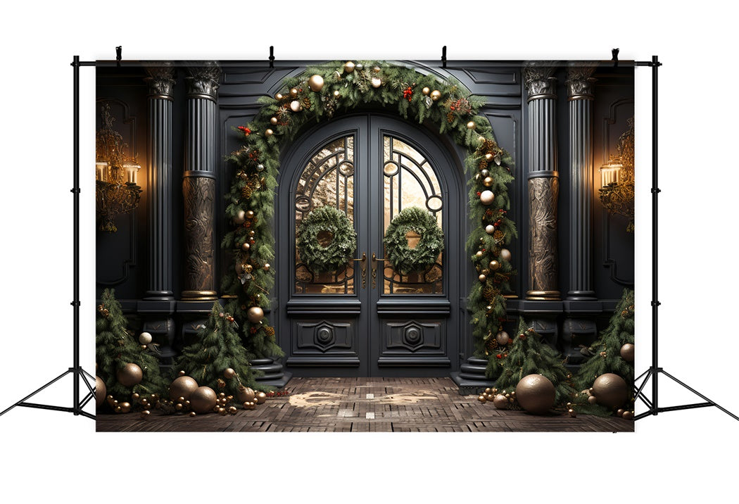 Toile de Fond Porte Noire Élégante avec Décorations de Noël BRP8-128