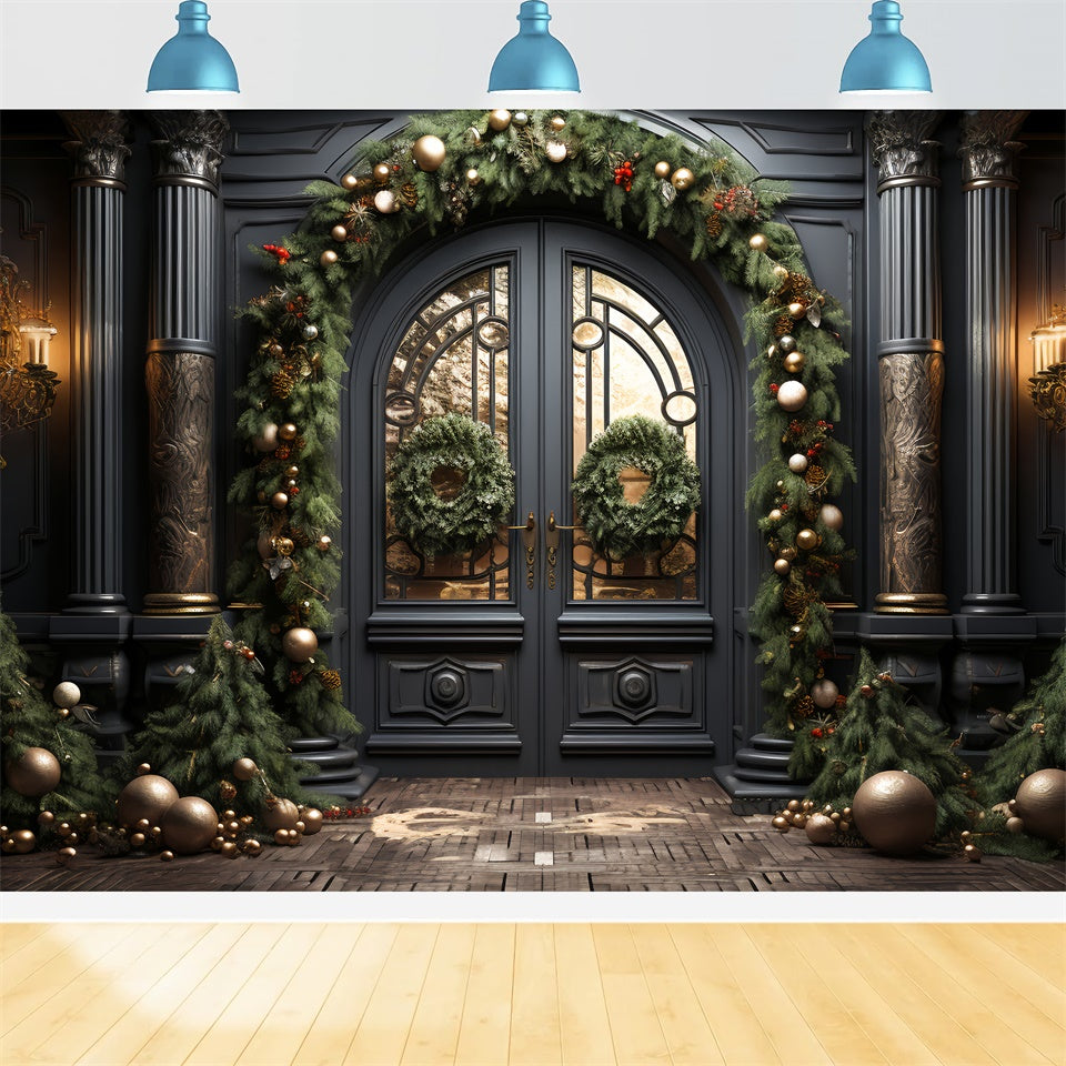 Toile de Fond Porte Noire Élégante avec Décorations de Noël BRP8-128