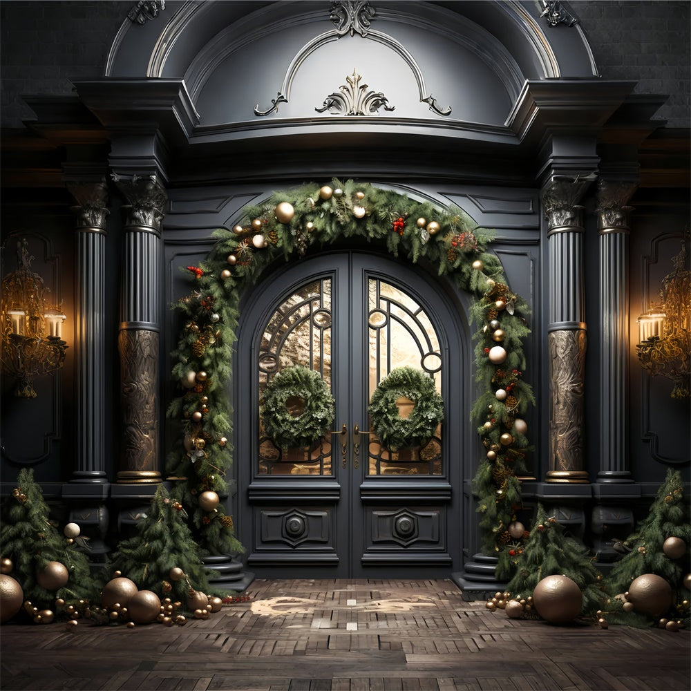 Toile de Fond Porte Noire Élégante avec Décorations de Noël BRP8-128