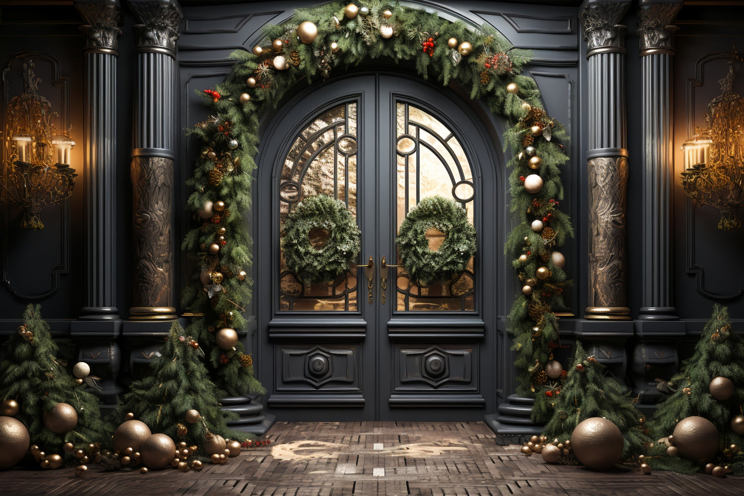 Toile de Fond Porte Noire Élégante avec Décorations de Noël BRP8-128