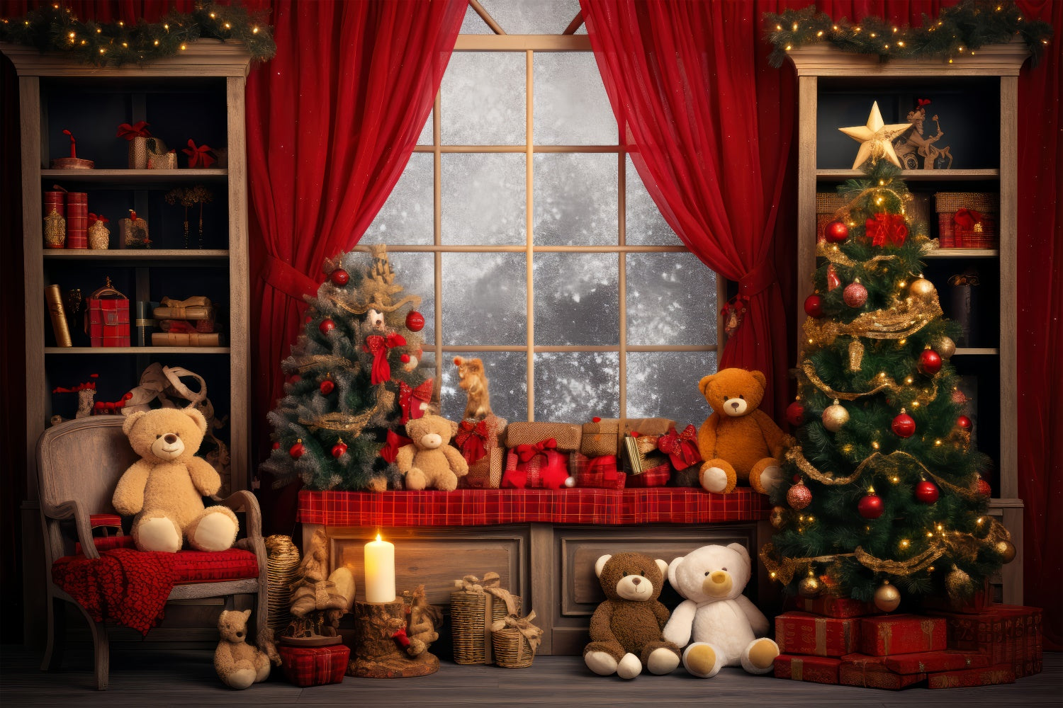 Toile de Fond Salon Confortable avec Ours en Peluche de Noël BRP8-131