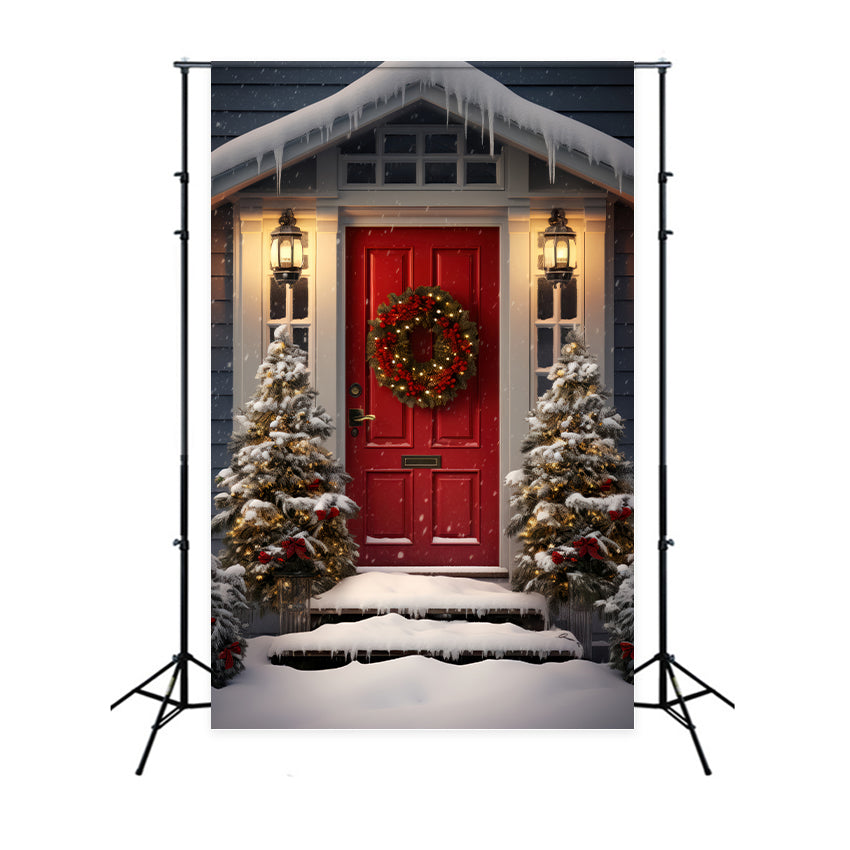 Toile de Fond Porte Rouge et Entrée Enneigée de Noël BRP8-132