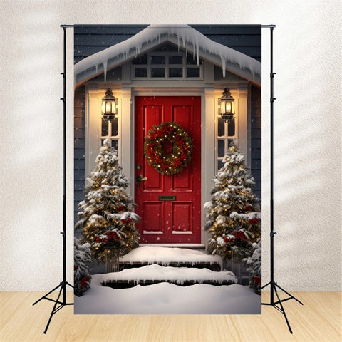 Toile de Fond Porte Rouge et Entrée Enneigée de Noël BRP8-132