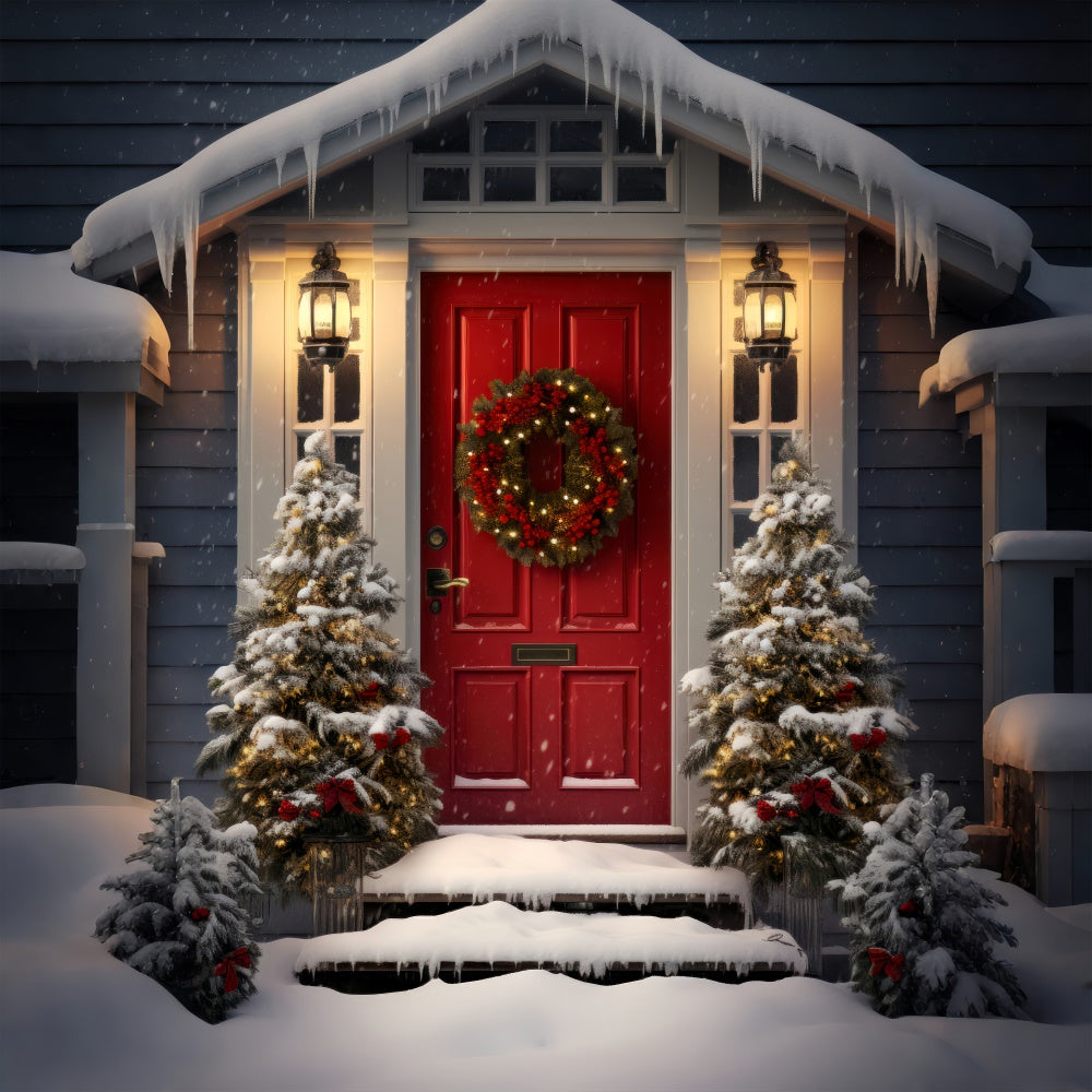 Toile de Fond Porte Rouge et Entrée Enneigée de Noël BRP8-132