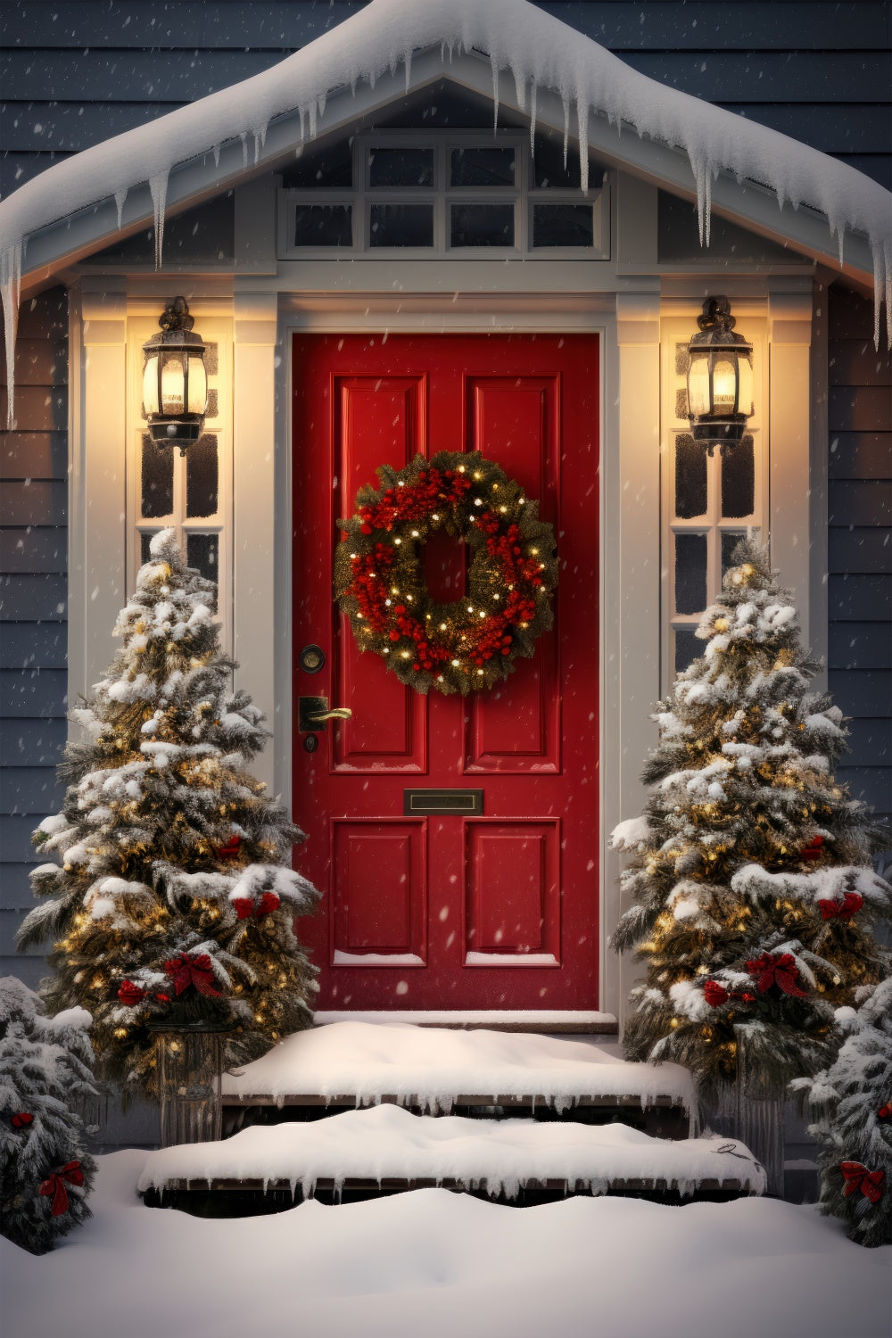 Toile de Fond Porte Rouge et Entrée Enneigée de Noël BRP8-132