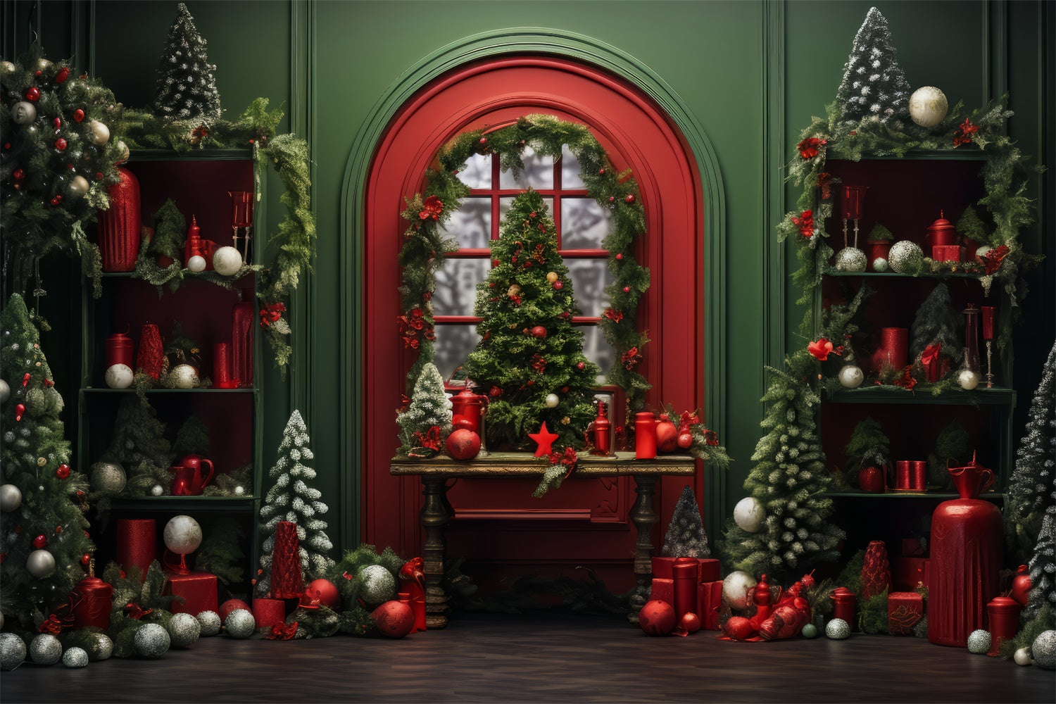 Toile de Fond Décor Rouge dans une Pièce Verte de Noël BRP8-135