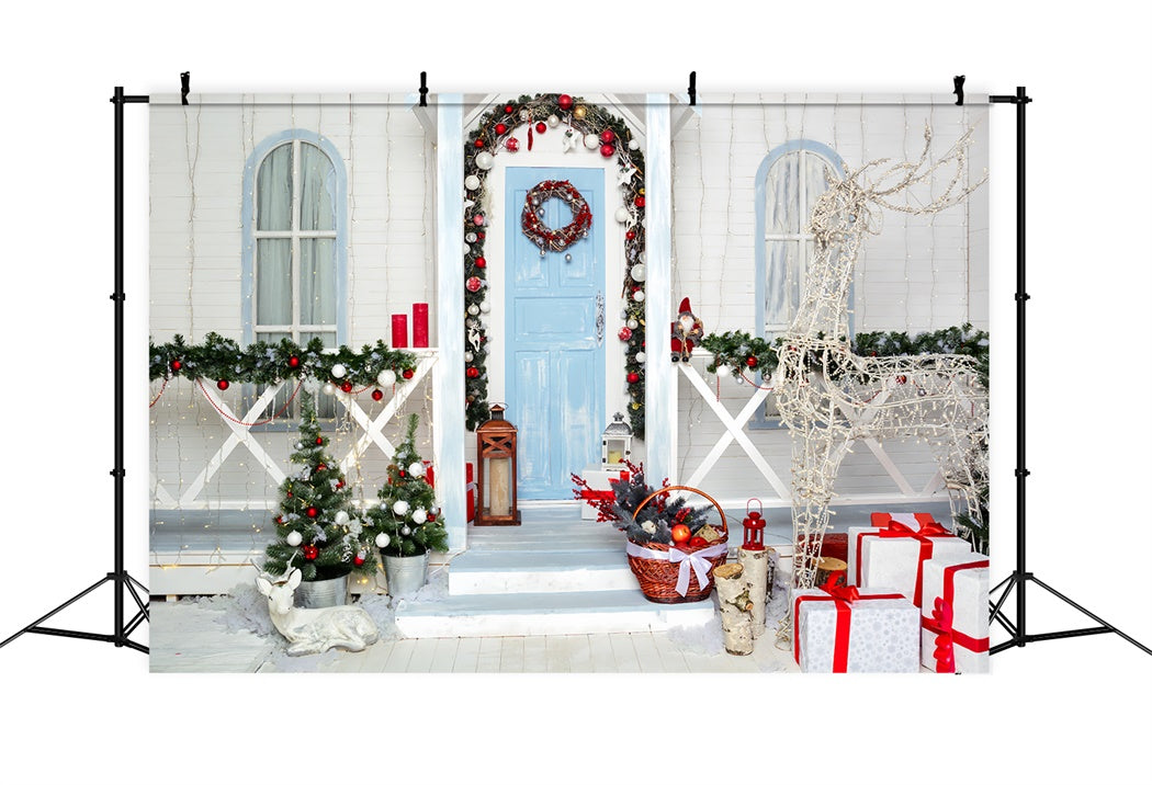 Toile de Fond Porche Enneigé avec Rennes Illuminés de Noël BRP8-137