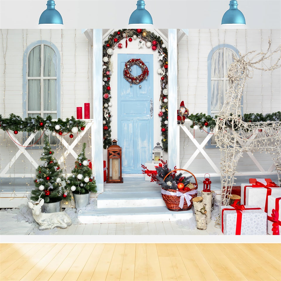 Toile de Fond Porche Enneigé avec Rennes Illuminés de Noël BRP8-137