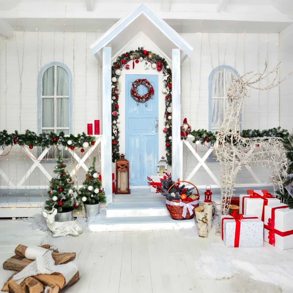 Toile de Fond Porche Enneigé avec Rennes Illuminés de Noël BRP8-137