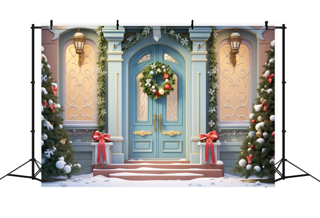 Toile de Fond Élégante Porte Bleue avec Couronne de Noël BRP8-138