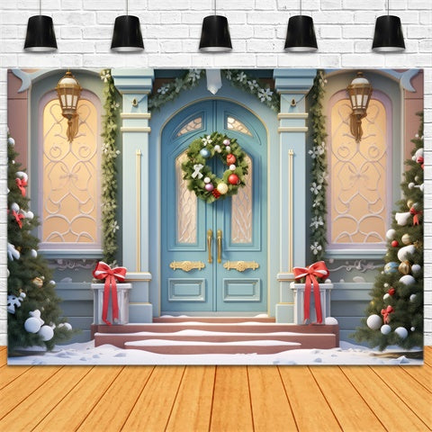 Toile de Fond Élégante Porte Bleue avec Couronne de Noël BRP8-138