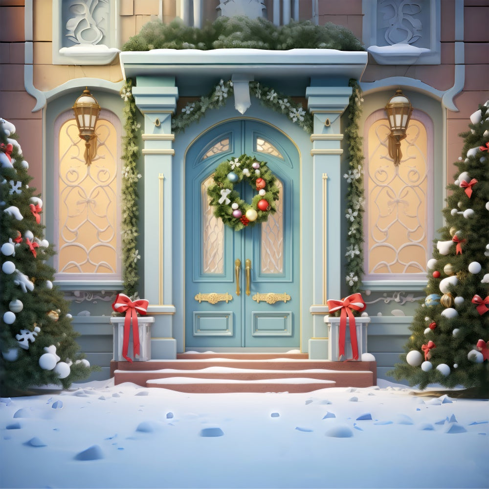 Toile de Fond Élégante Porte Bleue avec Couronne de Noël BRP8-138