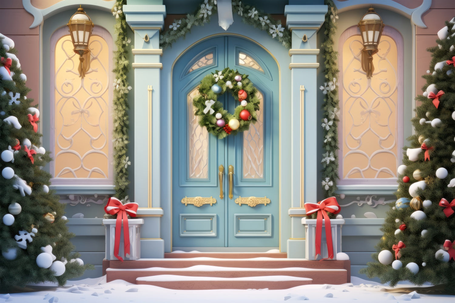 Toile de Fond Élégante Porte Bleue avec Couronne de Noël BRP8-138