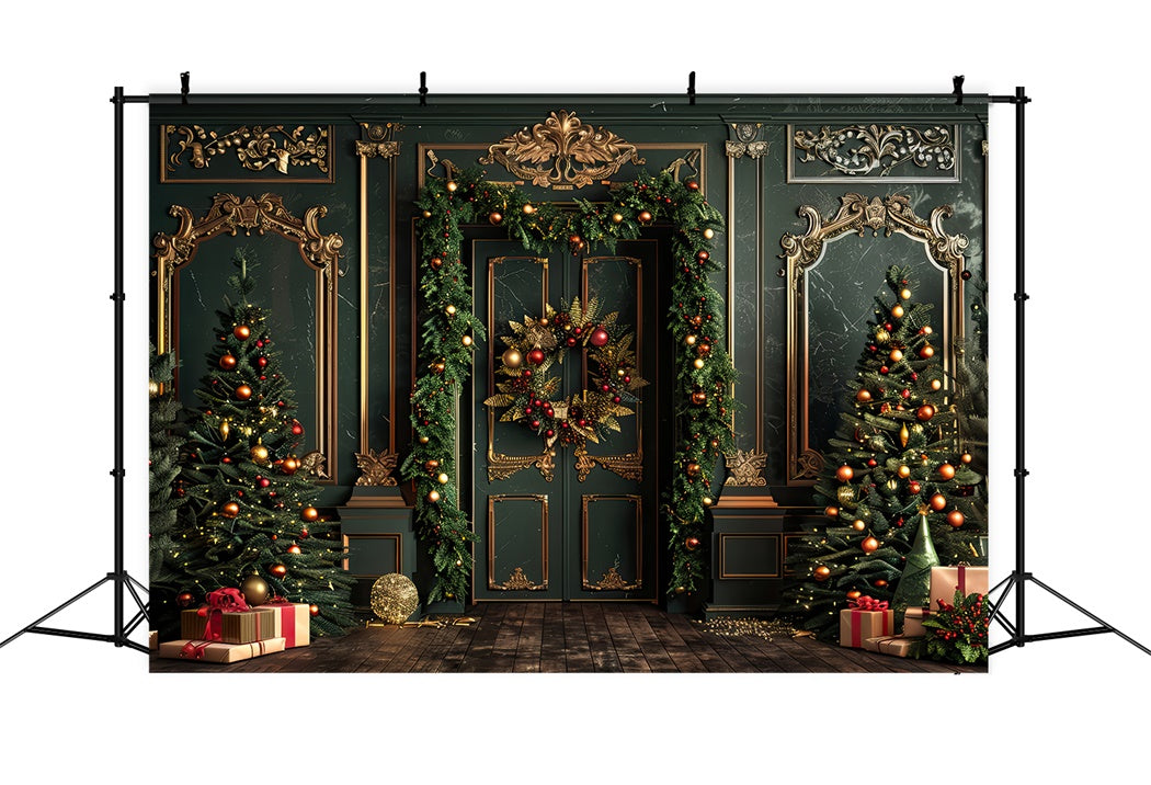 Toile de Fond Sapins Élégants avec Accents Dorés de Noël BRP8-139