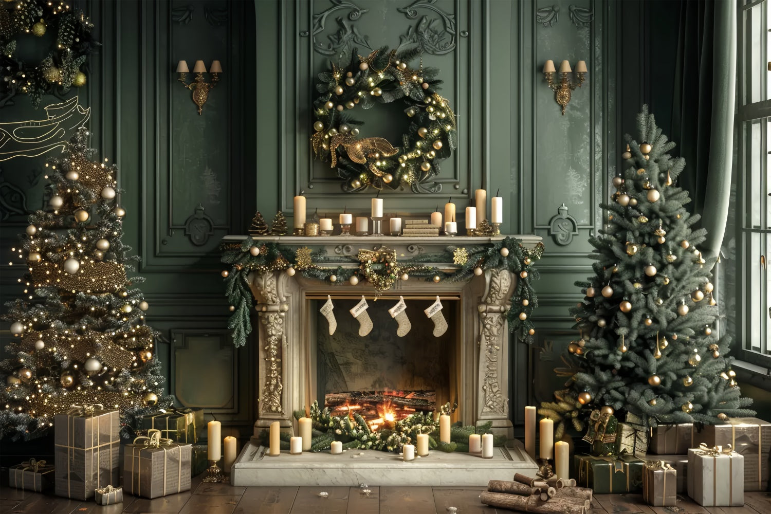 Toile de fond de Cheminée avec Chaussettes de Noël BRP8-13
