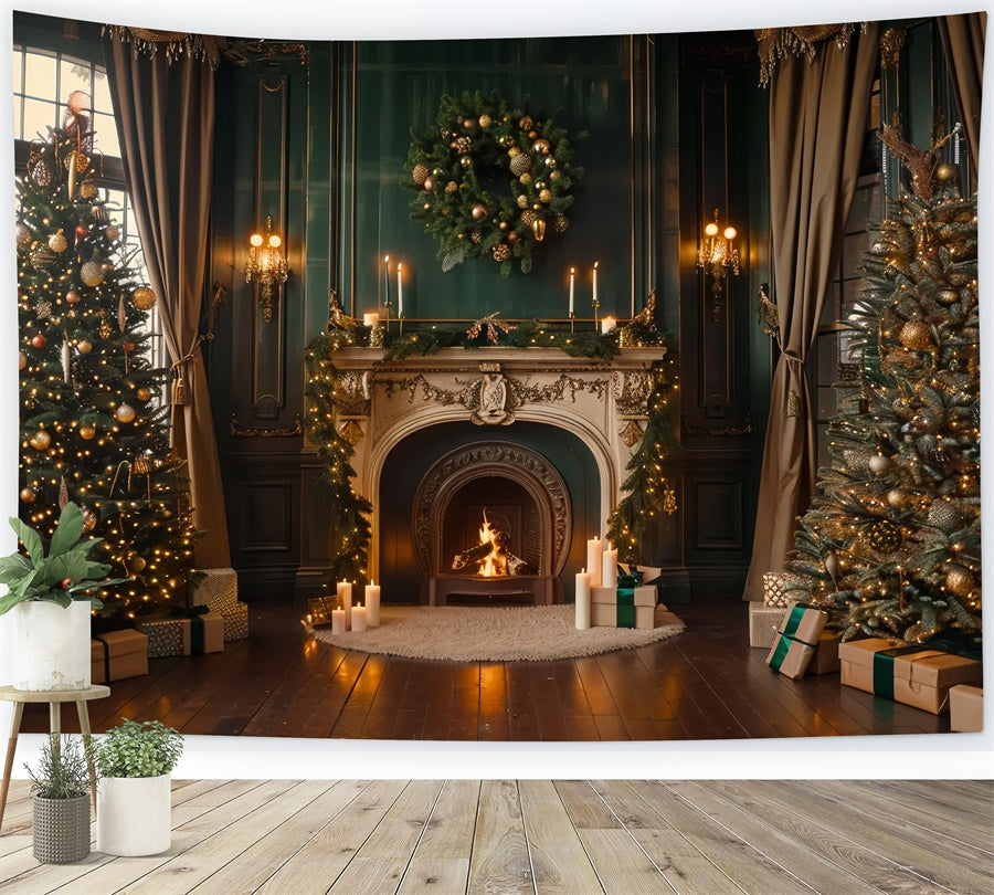 Toile de fond de Cheminée Illuminée par des Bougies de Noël BRP8-14