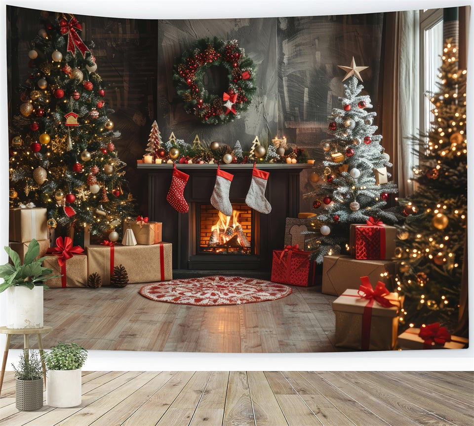 Toile de Fond Décor et Cheminée avec Chaussettes de Noël BRP8-140