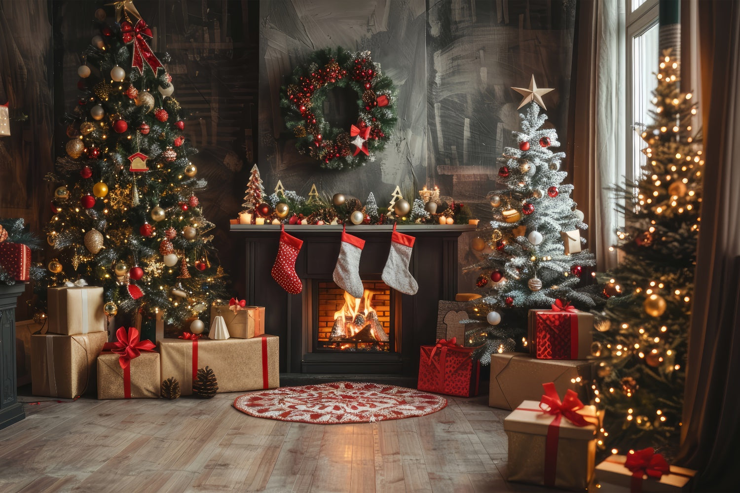 Toile de Fond Décor et Cheminée avec Chaussettes de Noël BRP8-140