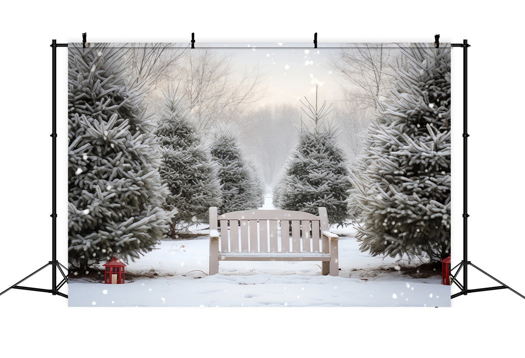 Toile de Fond Banc sous les Sapins Enneigés de Noël BRP8-141