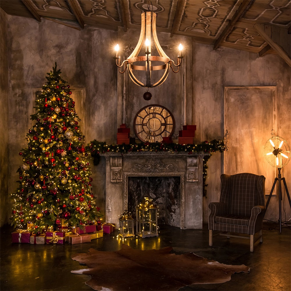 Toile de Fond Arbre de Noël et Cheminée dans une Pièce Vintage BRP8-150