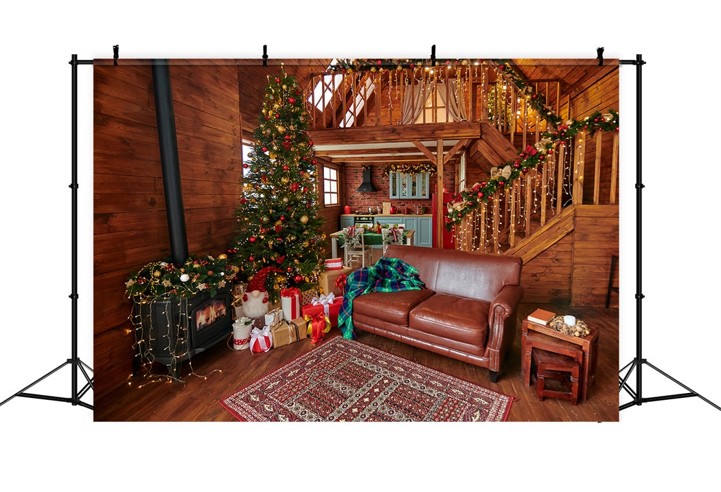 Toile de Fond Salon en Bois Chaleureux de Noël BRP8-158