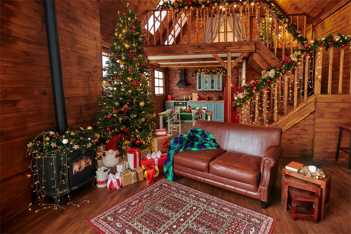 Toile de Fond Salon en Bois Chaleureux de Noël BRP8-158