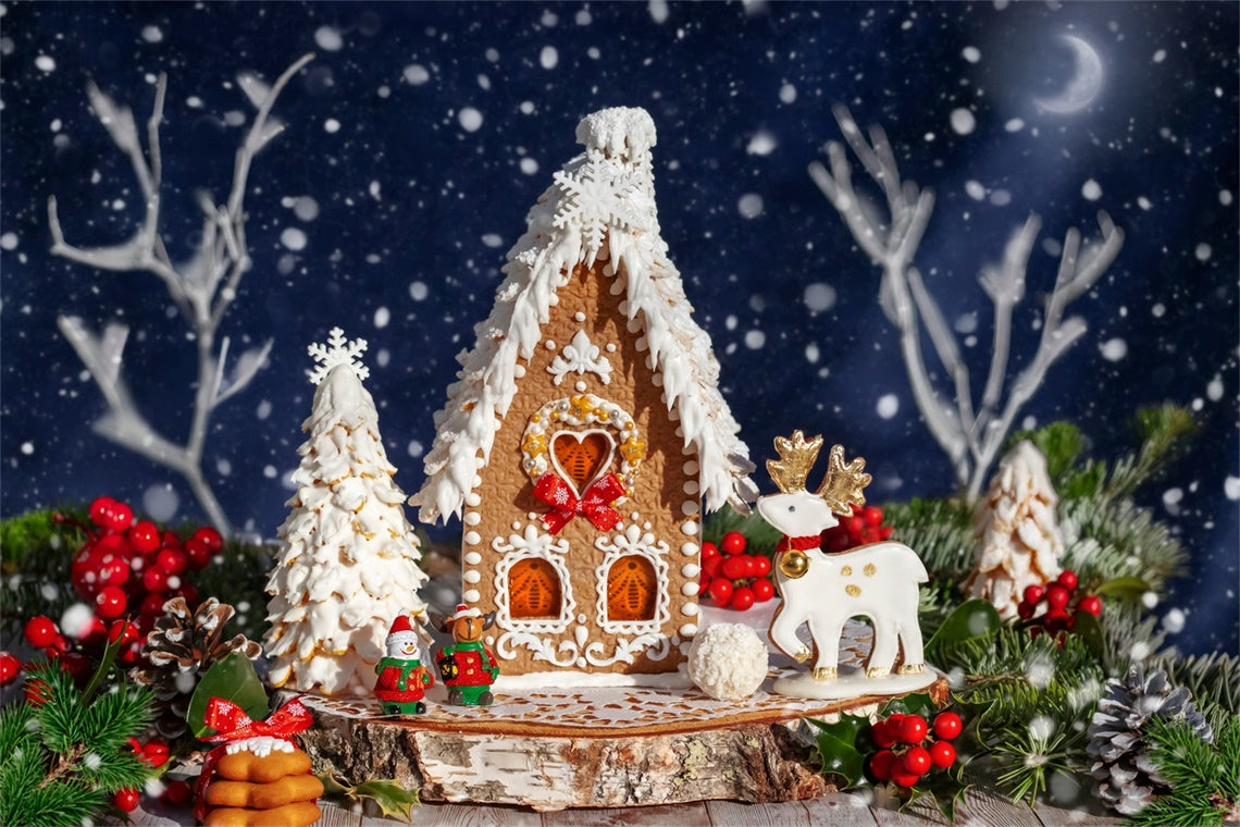Toile de Fond Chalet en Pain d'Épices avec Rennes de Noël BRP8-160